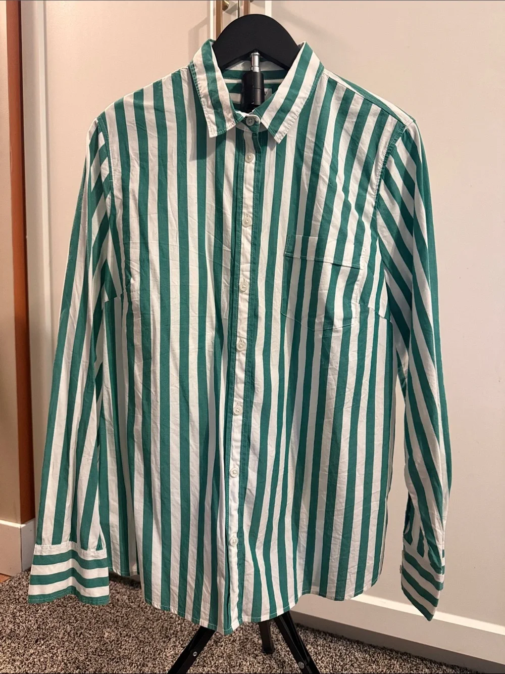 J.Crew Green White Striped Cotton Button-Down Shirt Size Large